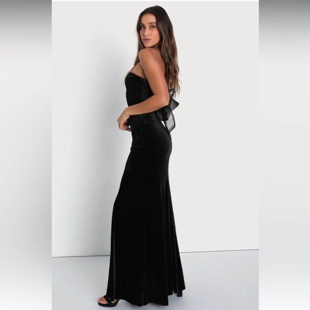 Lulus Black Mesmerizing Elegance Velvet Organza‎ Sash Back Bow Maxi Dress NWOT M